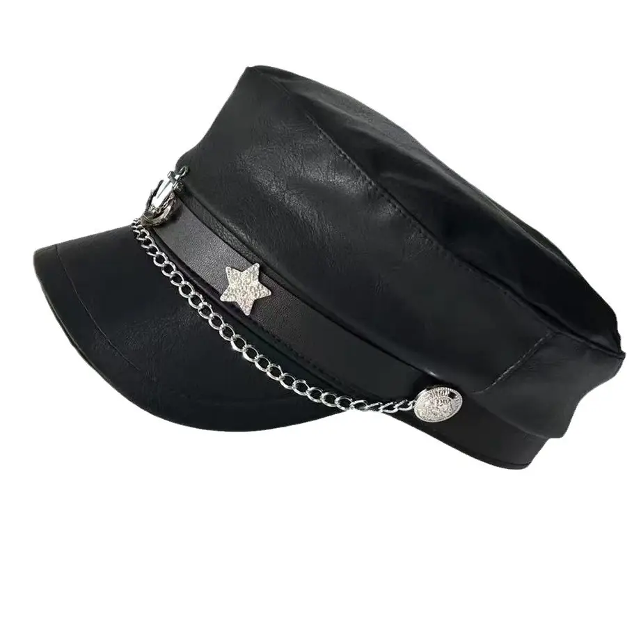2024 Retro Navy PU Cap for Girls with Chain & Duck Tails - Image 2