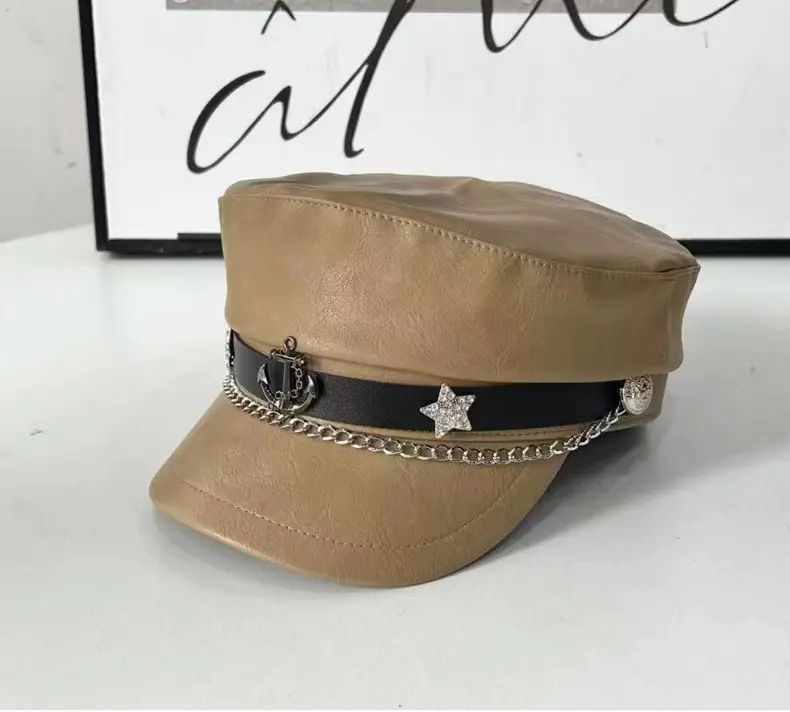 2024 Retro Navy PU Cap for Girls with Chain & Duck Tails — feature 12