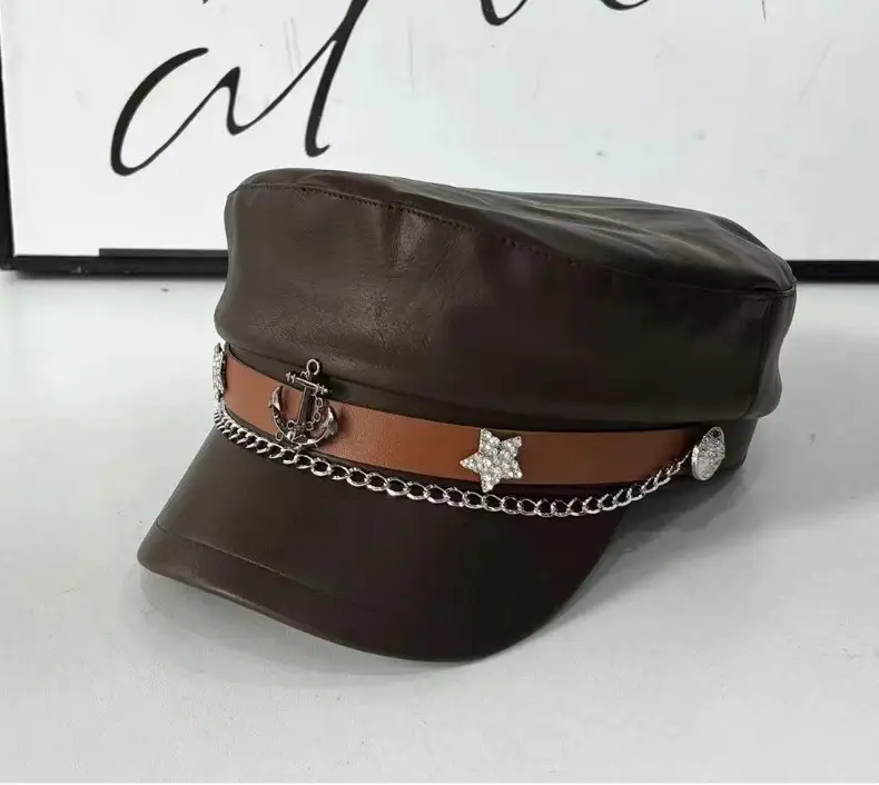 2024 Retro Navy PU Cap for Girls with Chain & Duck Tails — feature 13