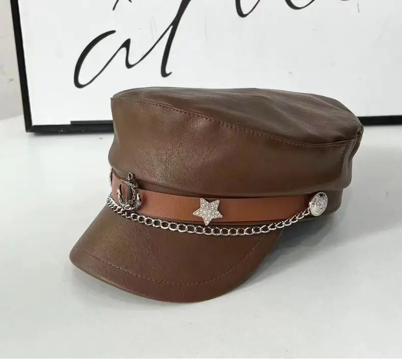 2024 Retro Navy PU Cap for Girls with Chain & Duck Tails — feature 14