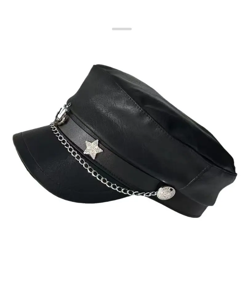 2024 Retro Navy PU Cap for Girls with Chain & Duck Tails — feature 15