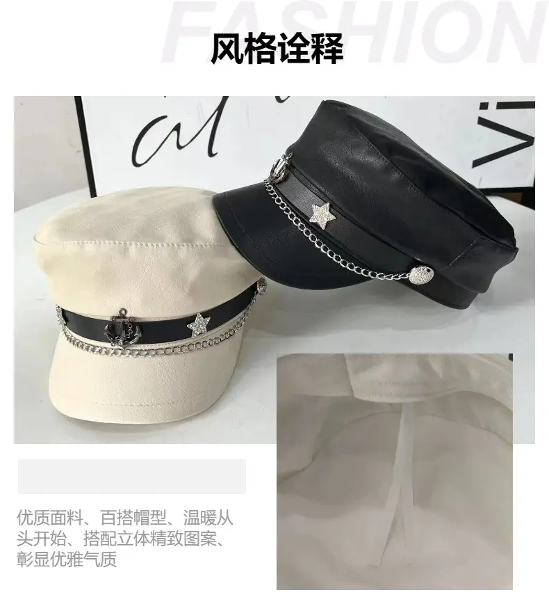 2024 Retro Navy PU Cap for Girls with Chain & Duck Tails — feature 9