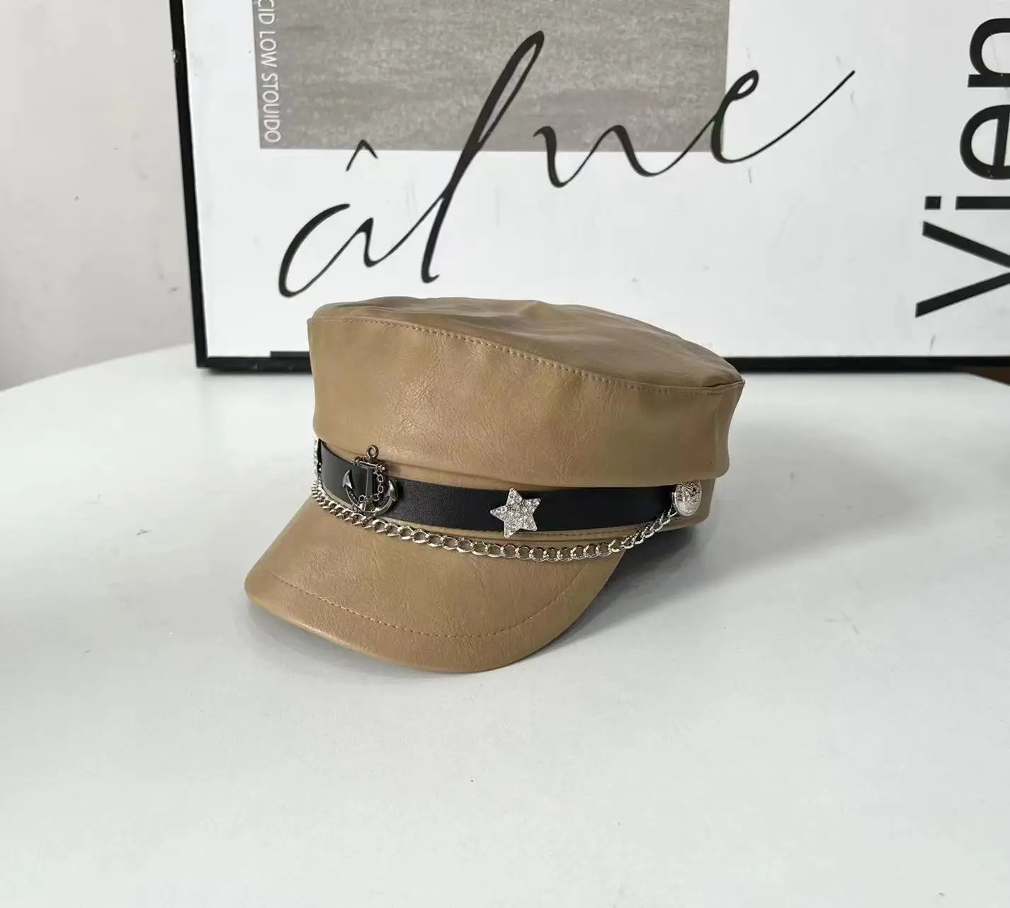 2024 Retro Navy PU Cap for Girls with Chain & Duck Tails - Image 3