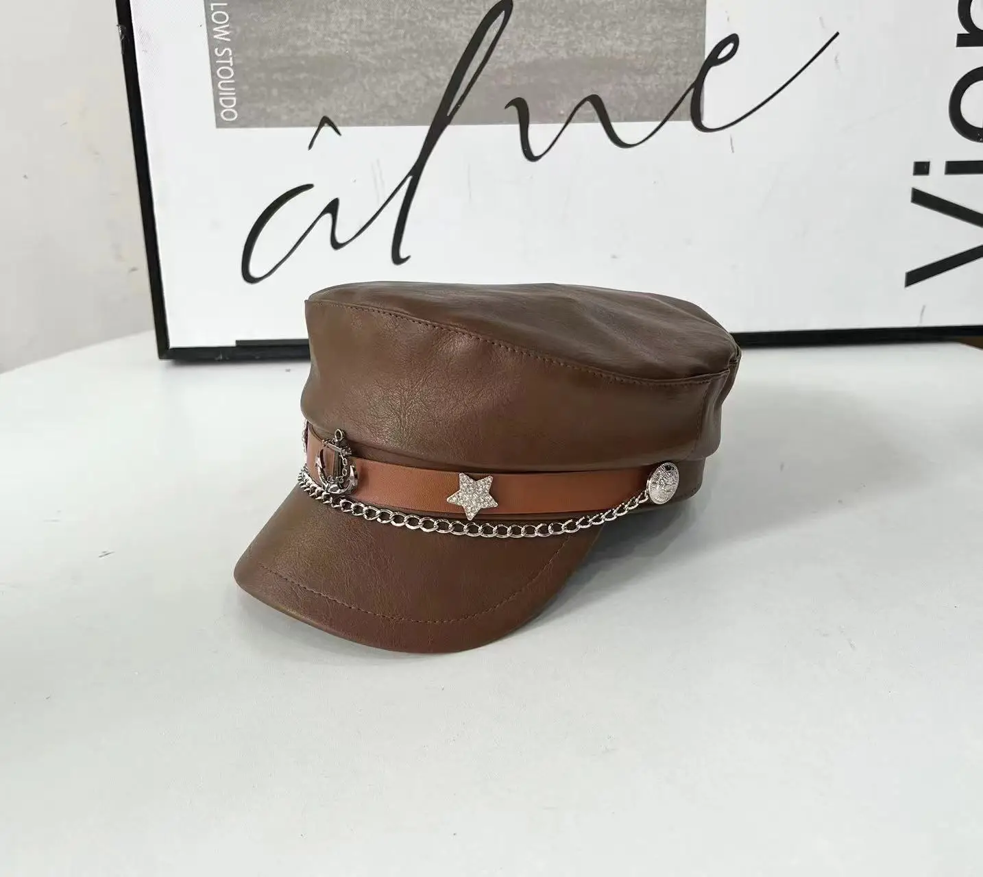 2024 Retro Navy PU Cap for Girls with Chain & Duck Tails - Image 4