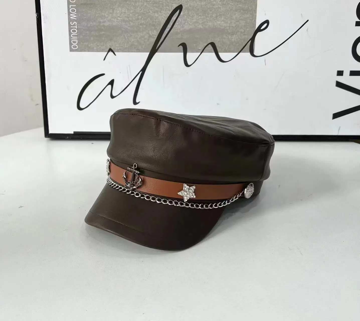 2024 Retro Navy PU Cap for Girls with Chain & Duck Tails - Image 5