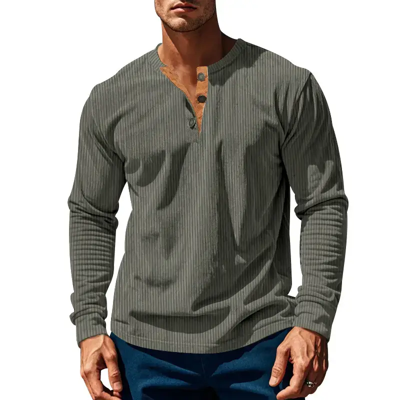 Men's Long Sleeve Corduroy T-Shirt Brown Four Button - Image 8