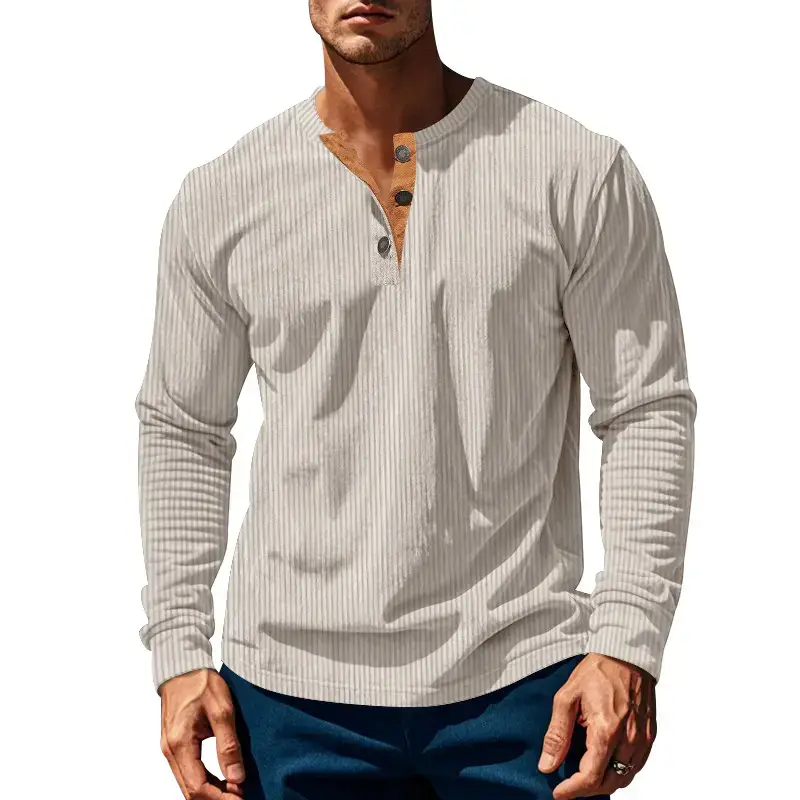 Men's Long Sleeve Corduroy T-Shirt Brown Four Button - Image 9