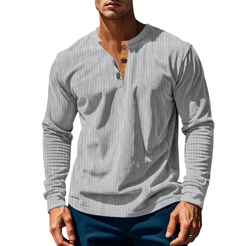 Men's Long Sleeve Corduroy T-Shirt Brown Four Button - Image 10