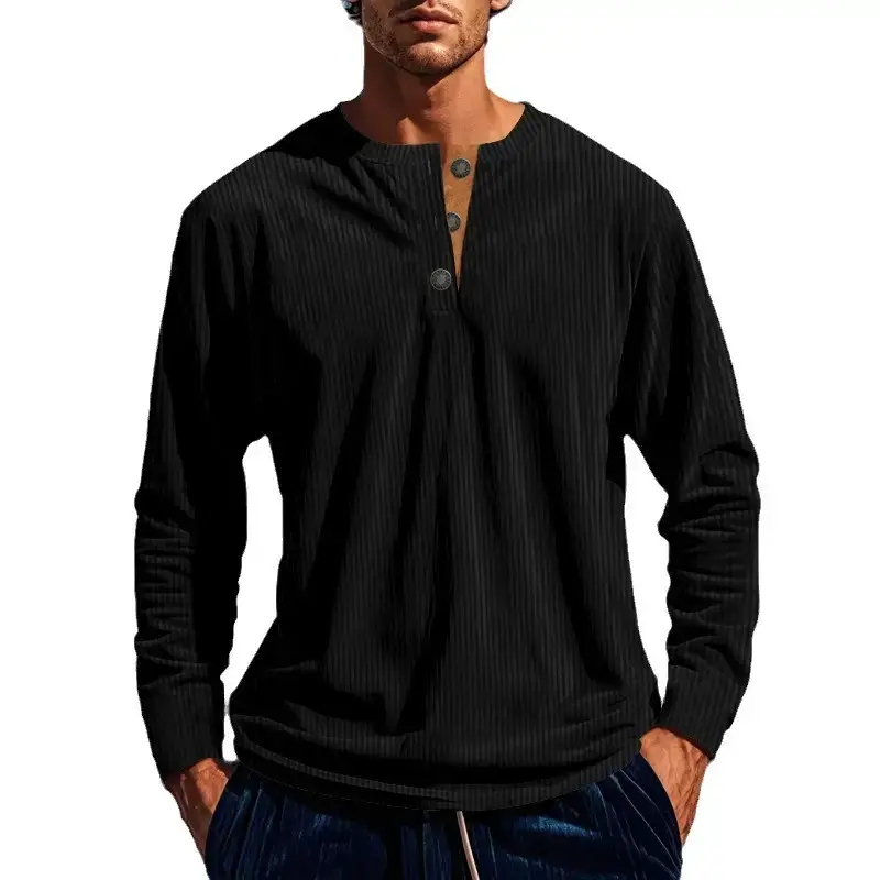 Men's Long Sleeve Corduroy T-Shirt Brown Four Button - Image 11