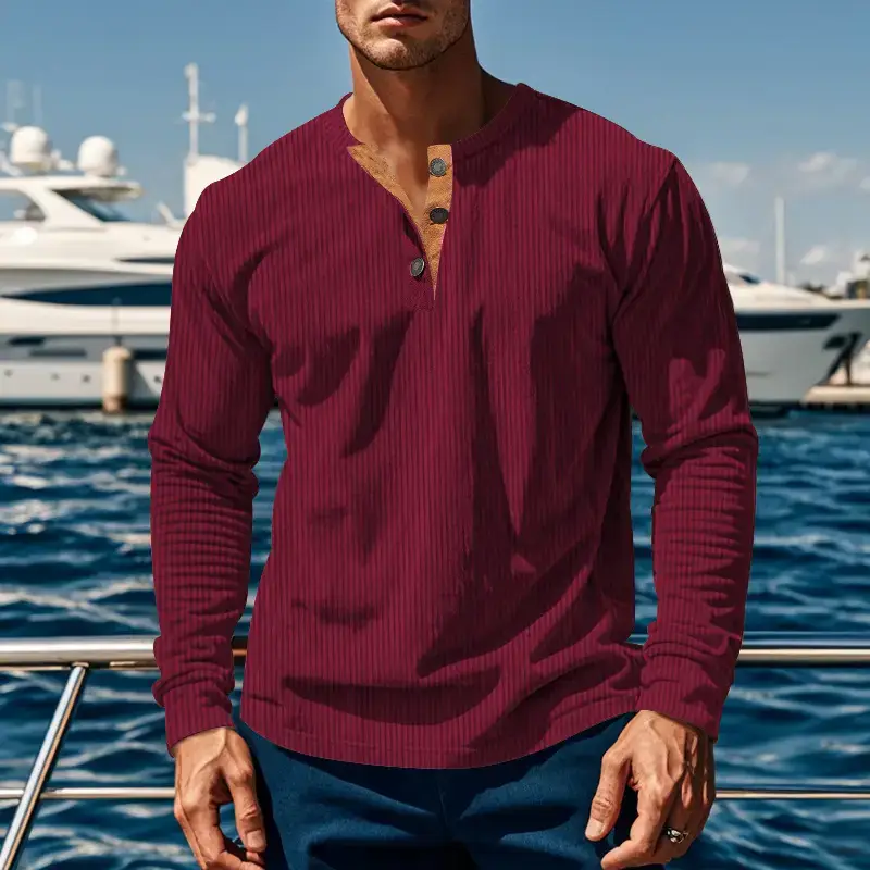 Men's Long Sleeve Corduroy T-Shirt Brown Four Button — feature 10