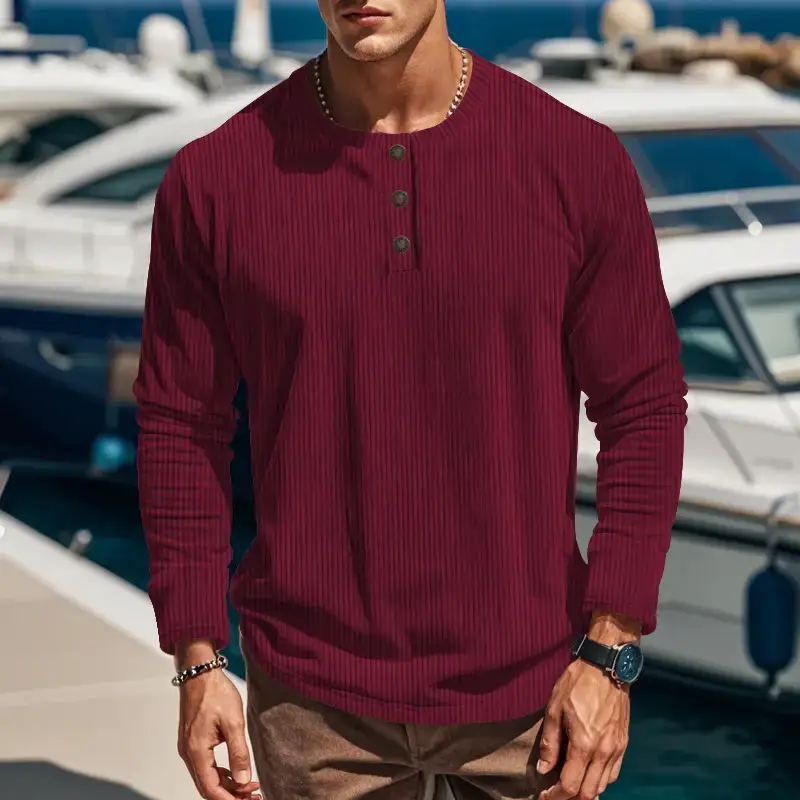 Men's Long Sleeve Corduroy T-Shirt Brown Four Button — feature 12