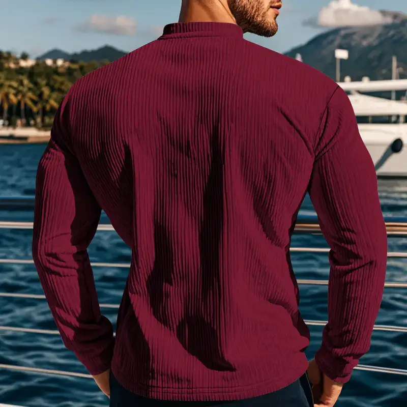 Men's Long Sleeve Corduroy T-Shirt Brown Four Button — feature 13