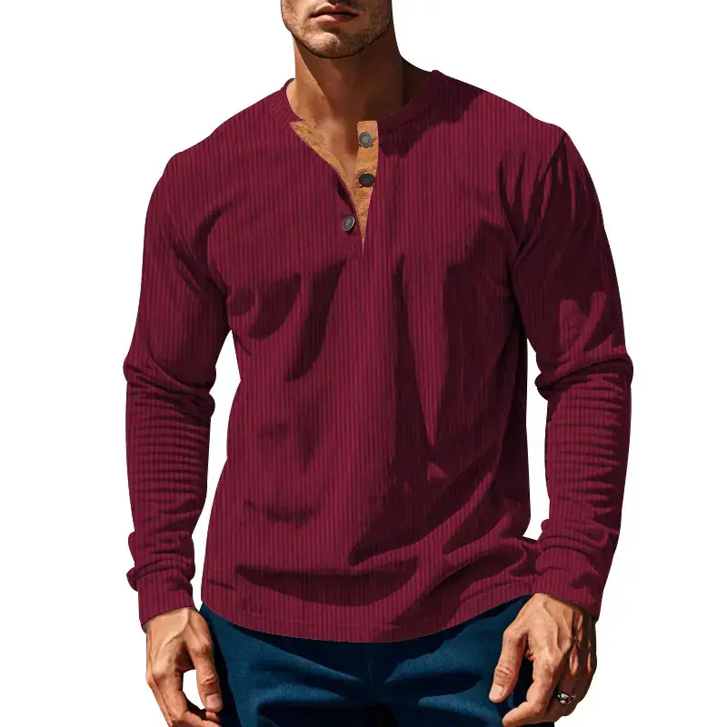 Men's Long Sleeve Corduroy T-Shirt Brown Four Button — feature 14