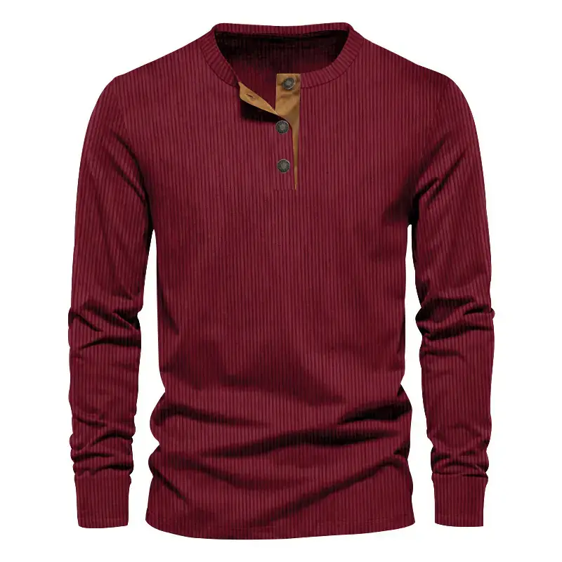 Men's Long Sleeve Corduroy T-Shirt Brown Four Button — feature 15