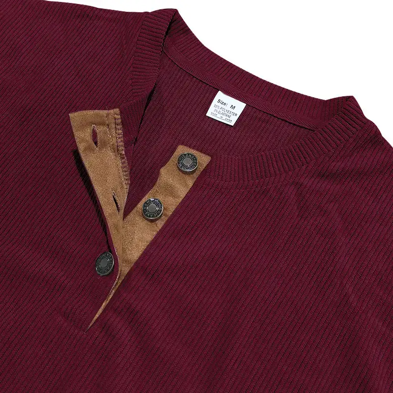 Men's Long Sleeve Corduroy T-Shirt Brown Four Button — feature 17