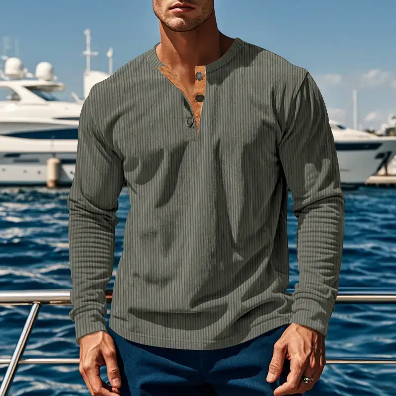 Men's Long Sleeve Corduroy T-Shirt Brown Four Button — feature 18