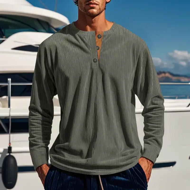 Men's Long Sleeve Corduroy T-Shirt Brown Four Button — feature 19