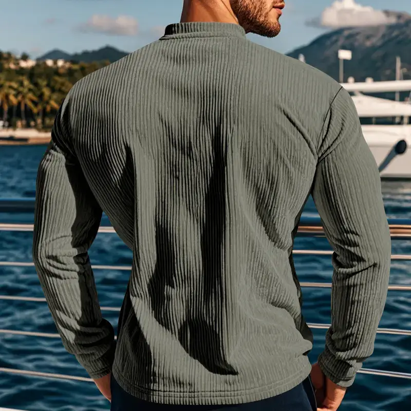 Men's Long Sleeve Corduroy T-Shirt Brown Four Button — feature 21