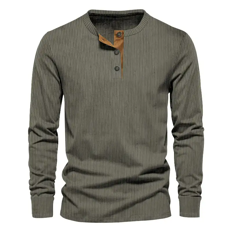 Men's Long Sleeve Corduroy T-Shirt Brown Four Button — feature 23