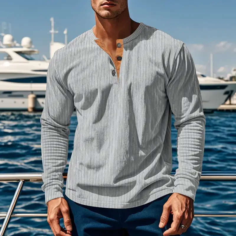 Men's Long Sleeve Corduroy T-Shirt Brown Four Button — feature 27