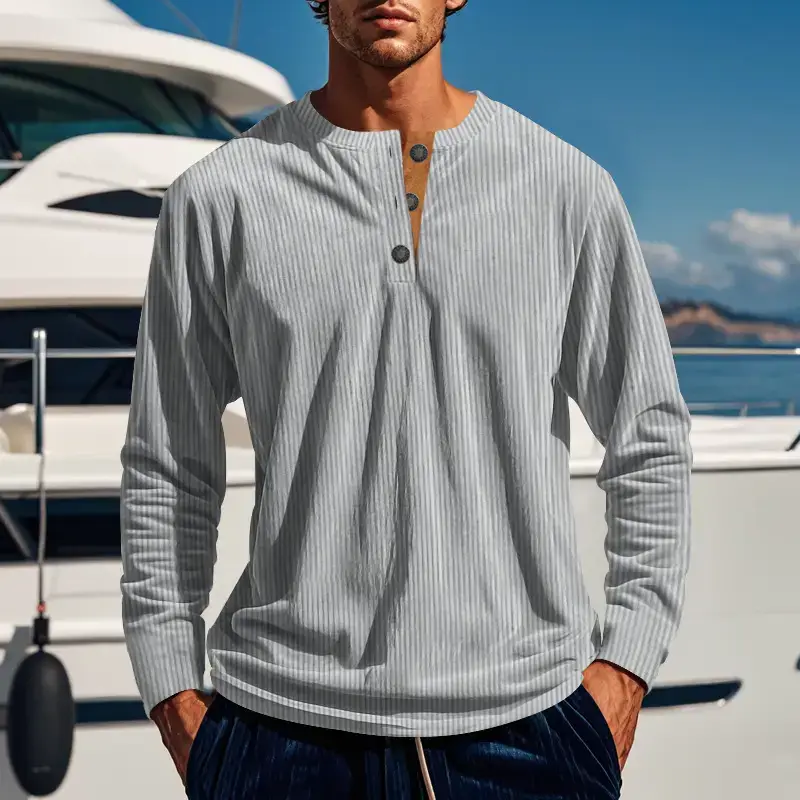 Men's Long Sleeve Corduroy T-Shirt Brown Four Button — feature 28