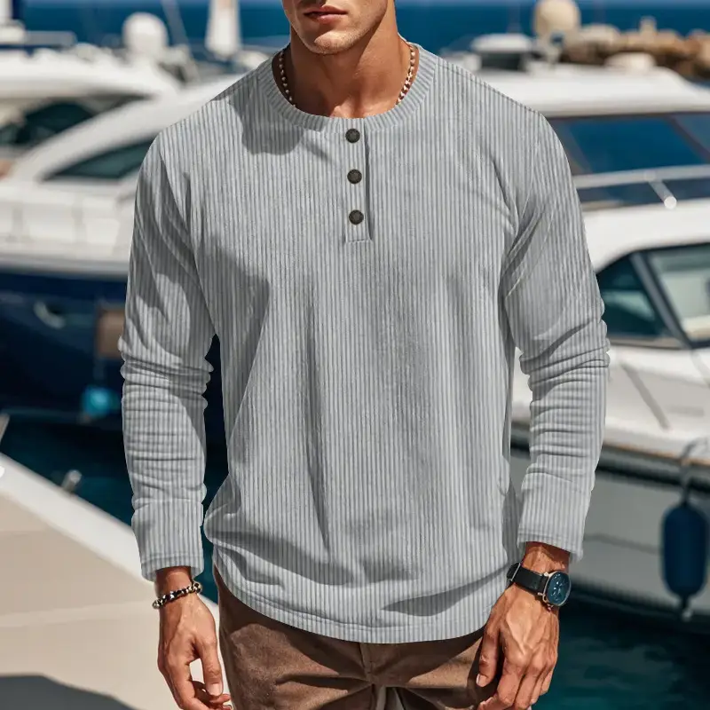 Men's Long Sleeve Corduroy T-Shirt Brown Four Button — feature 29