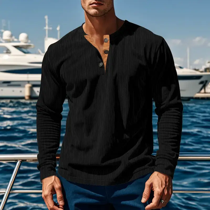 Men's Long Sleeve Corduroy T-Shirt Brown Four Button — feature 3