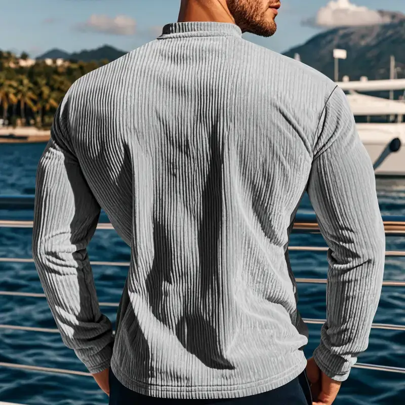Men's Long Sleeve Corduroy T-Shirt Brown Four Button — feature 30