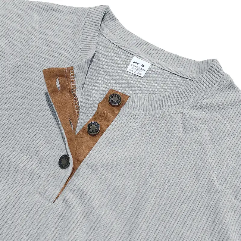 Men's Long Sleeve Corduroy T-Shirt Brown Four Button — feature 34