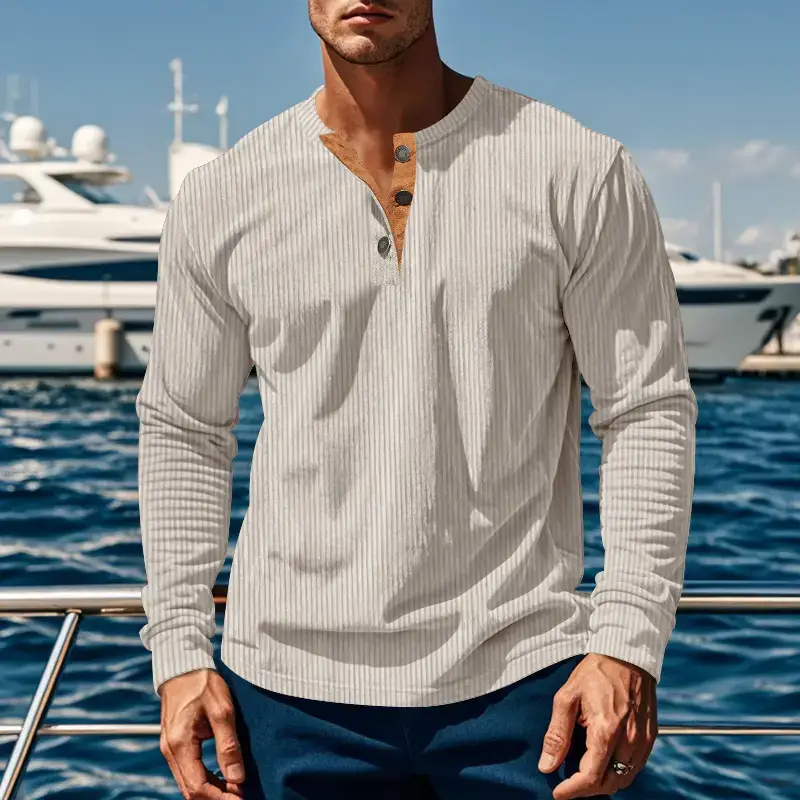 Men's Long Sleeve Corduroy T-Shirt Brown Four Button — feature 36