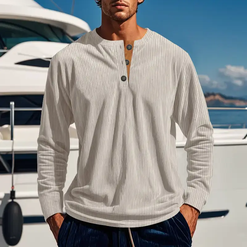 Men's Long Sleeve Corduroy T-Shirt Brown Four Button — feature 37