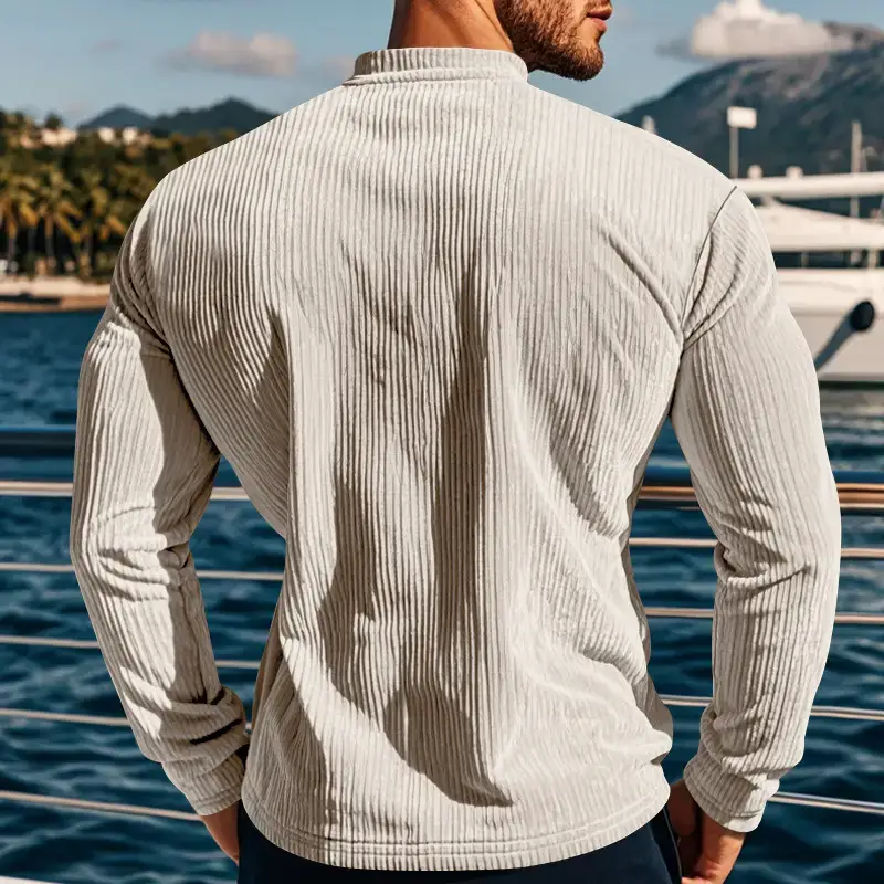 Men's Long Sleeve Corduroy T-Shirt Brown Four Button — feature 39