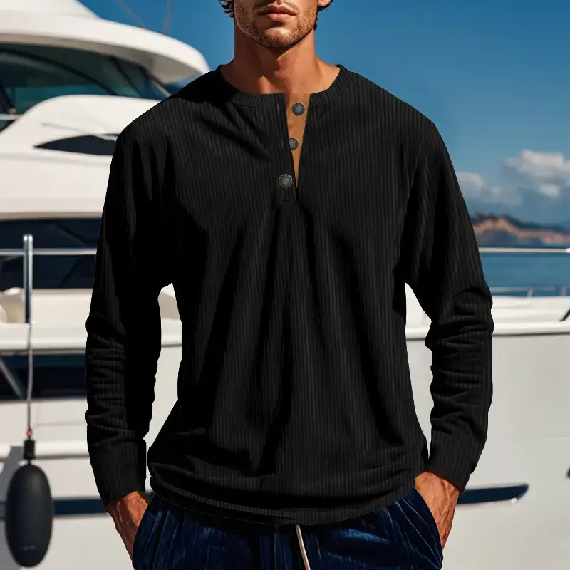 Men's Long Sleeve Corduroy T-Shirt Brown Four Button — feature 4