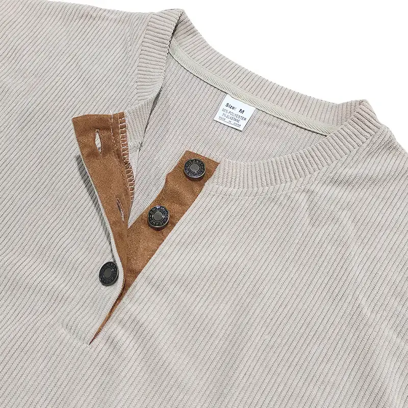 Men's Long Sleeve Corduroy T-Shirt Brown Four Button — feature 40