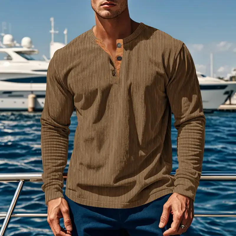Men's Long Sleeve Corduroy T-Shirt Brown Four Button — feature 42