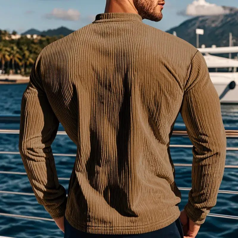 Men's Long Sleeve Corduroy T-Shirt Brown Four Button — feature 44