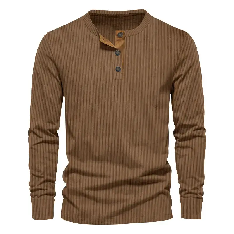 Men's Long Sleeve Corduroy T-Shirt Brown Four Button — feature 46