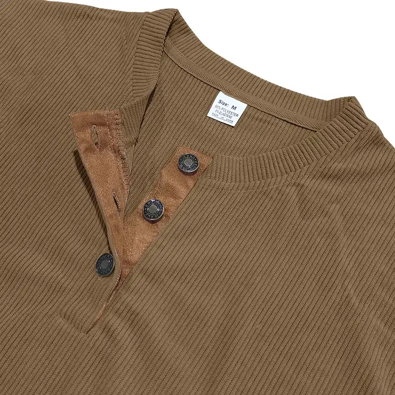 Men's Long Sleeve Corduroy T-Shirt Brown Four Button — feature 48