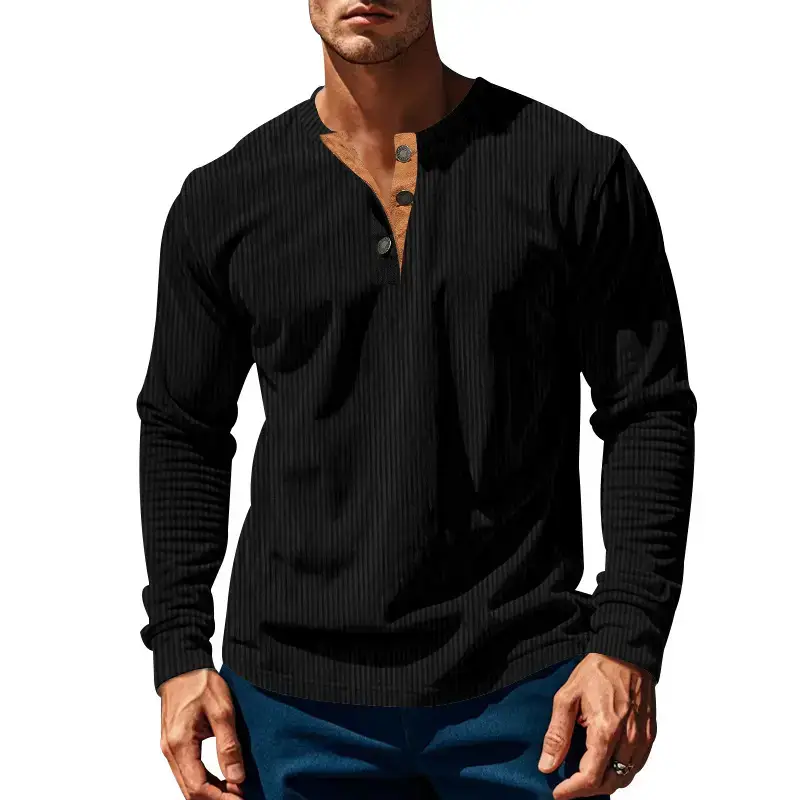 Men's Long Sleeve Corduroy T-Shirt Brown Four Button — feature 7