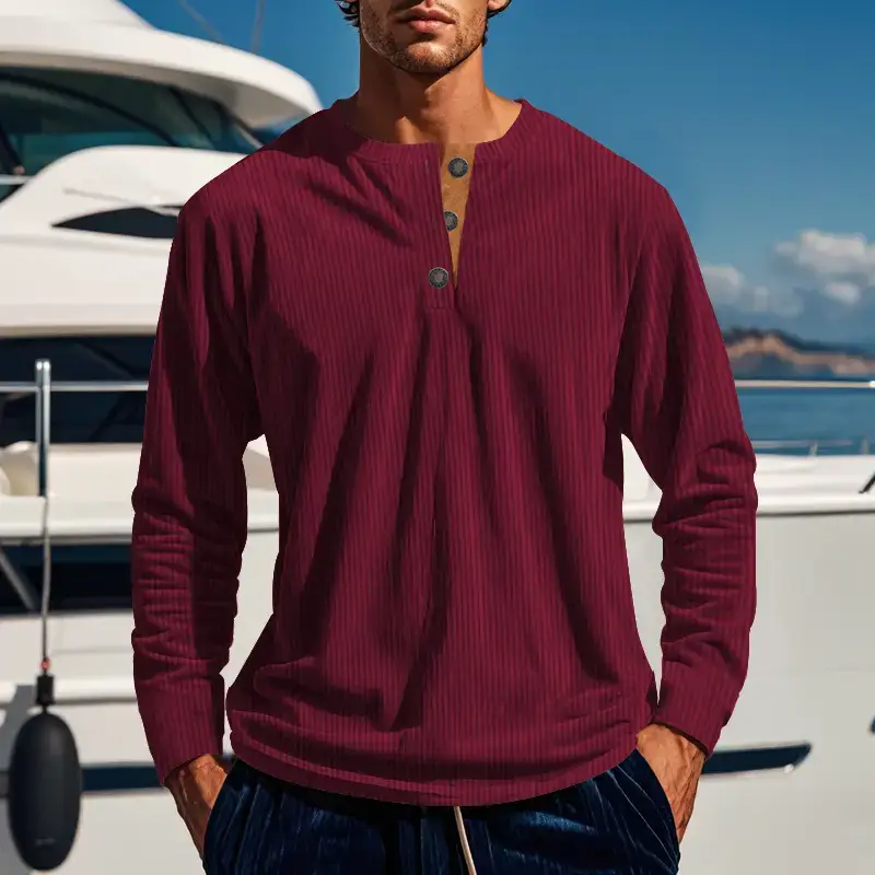 Men's Long Sleeve Corduroy T-Shirt Brown Four Button - Image 2