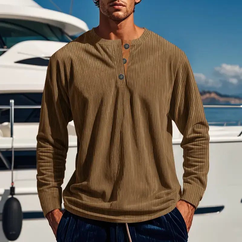 Men's Long Sleeve Corduroy T-Shirt Brown Four Button - Image 3