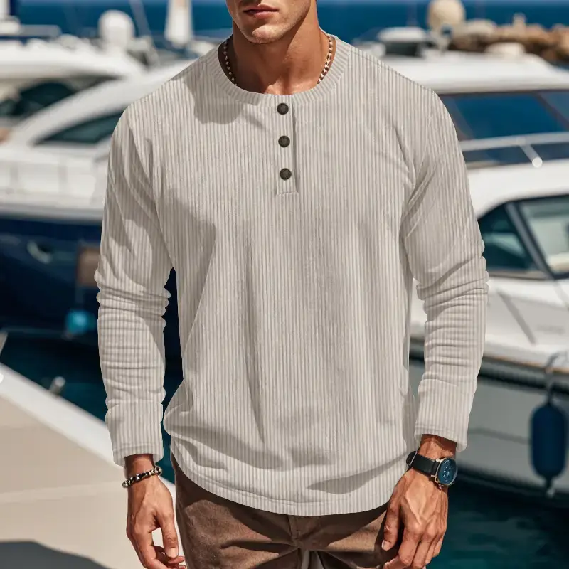 Men's Long Sleeve Corduroy T-Shirt Brown Four Button - Image 4