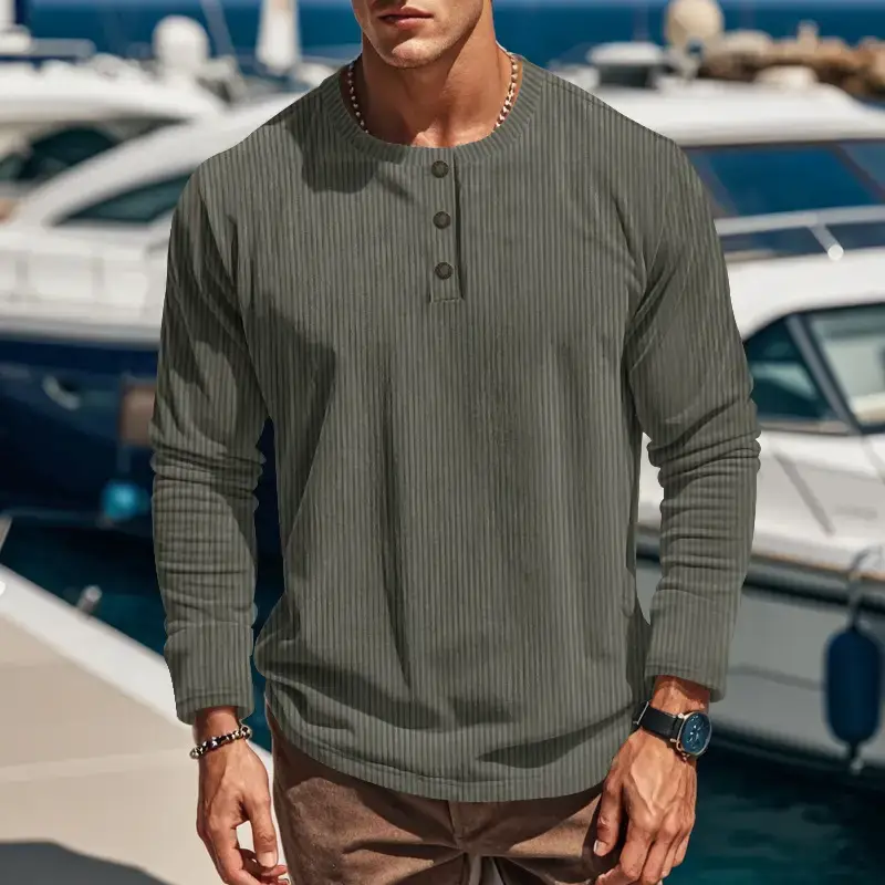 Men's Long Sleeve Corduroy T-Shirt Brown Four Button - Image 5