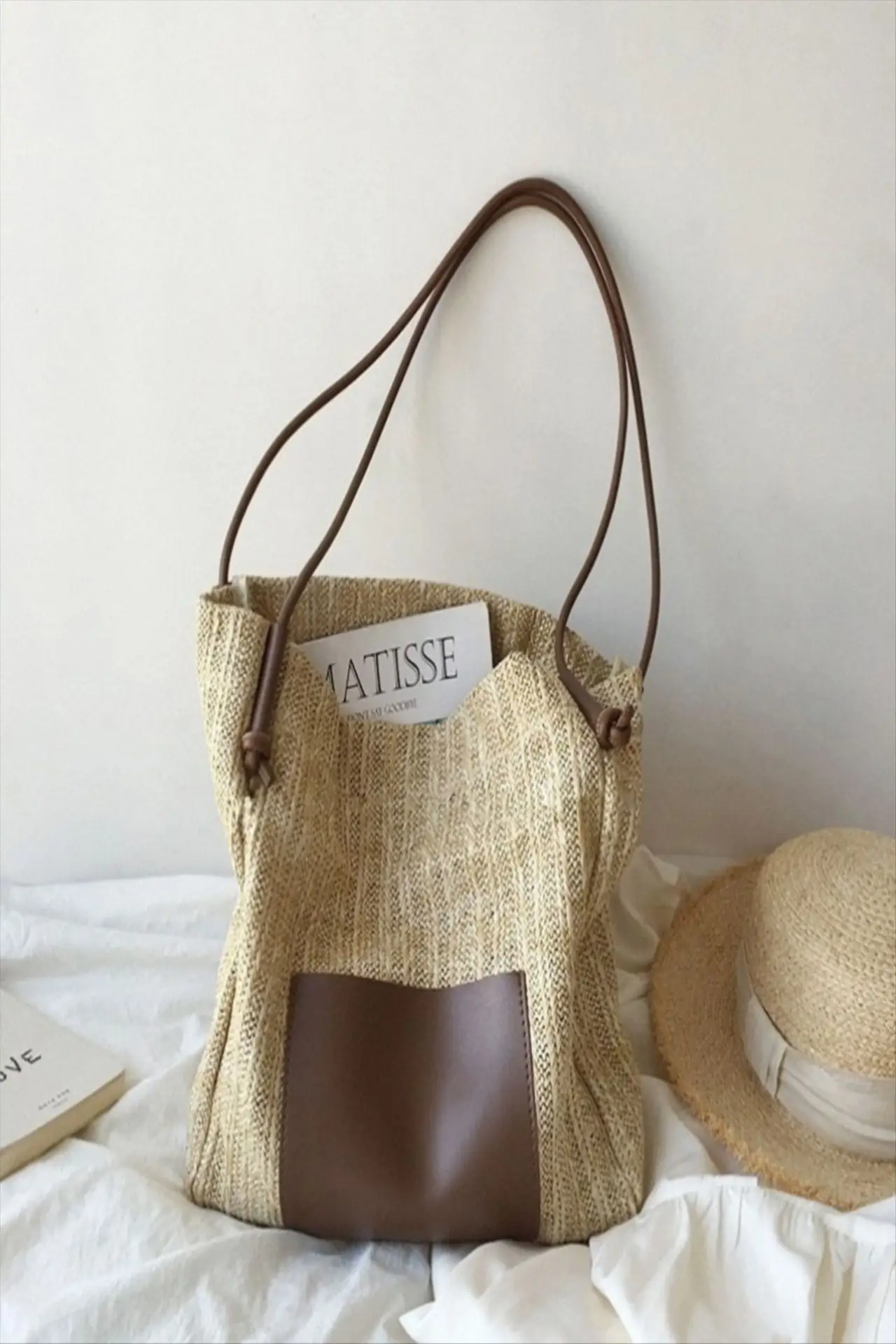 Ins Vintage Woven Straw Tote Bag Brown Shoulder Bag - Image 3