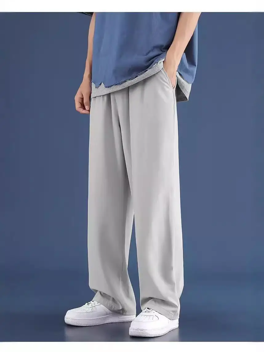 Men Ice Silk Loose Straight Pants Summer Casual Black