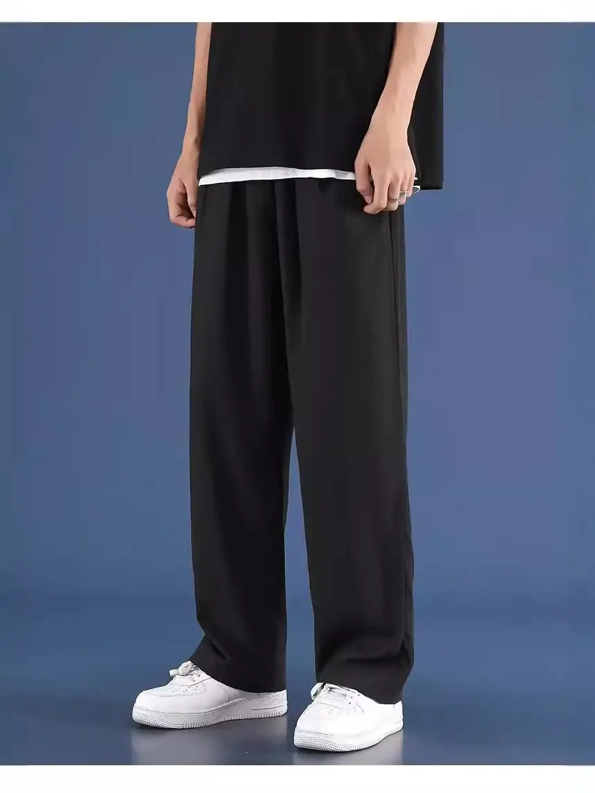 Men Ice Silk Loose Straight Pants Summer Casual Black