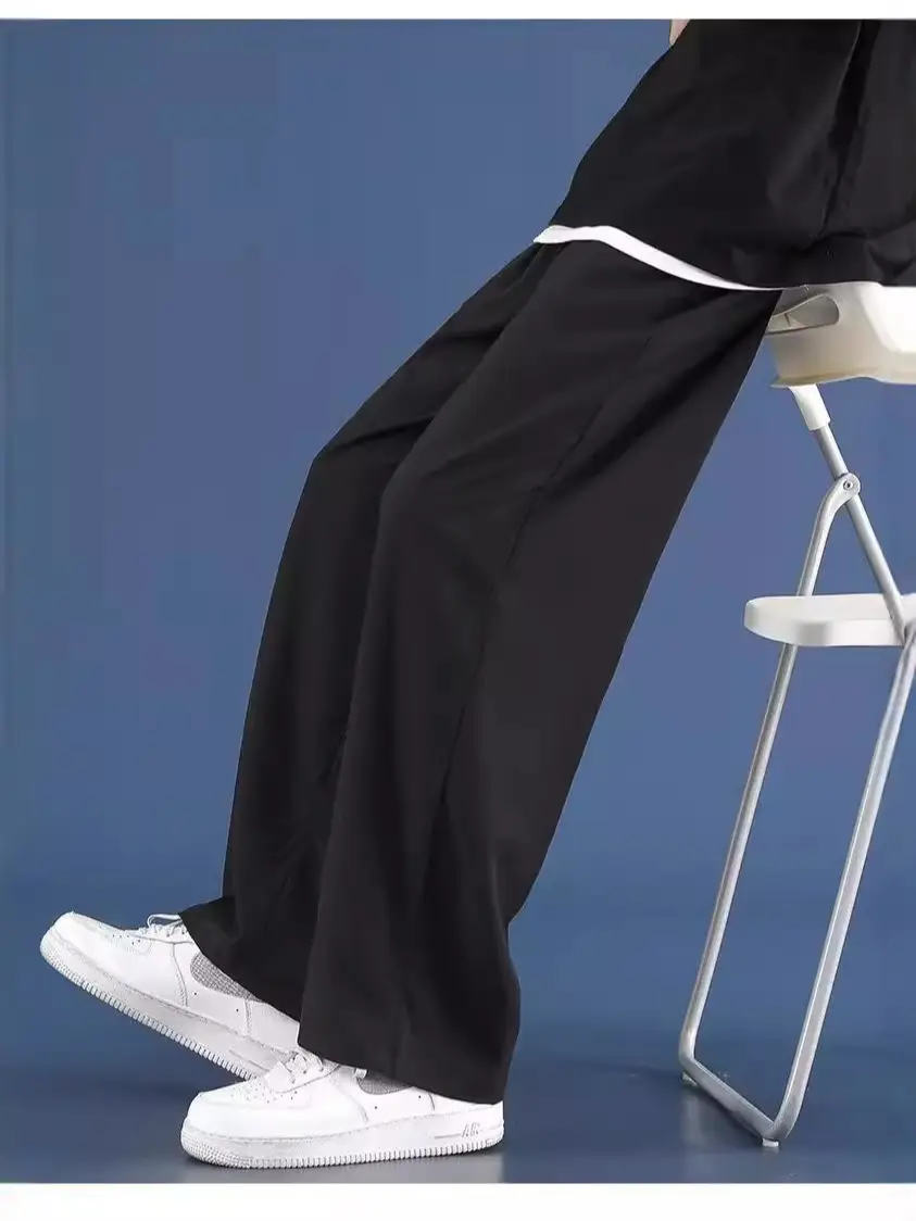 Men Ice Silk Loose Straight Pants Summer Casual Black