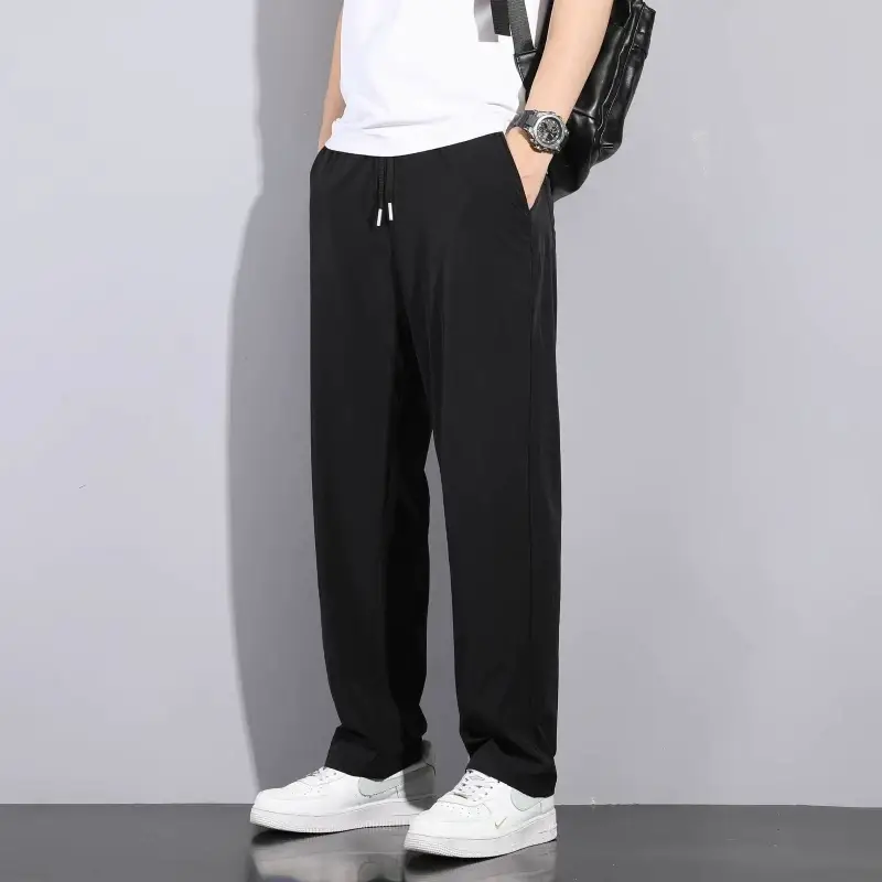 Men Ice Silk Loose Straight Pants Summer Casual Black — feature 31