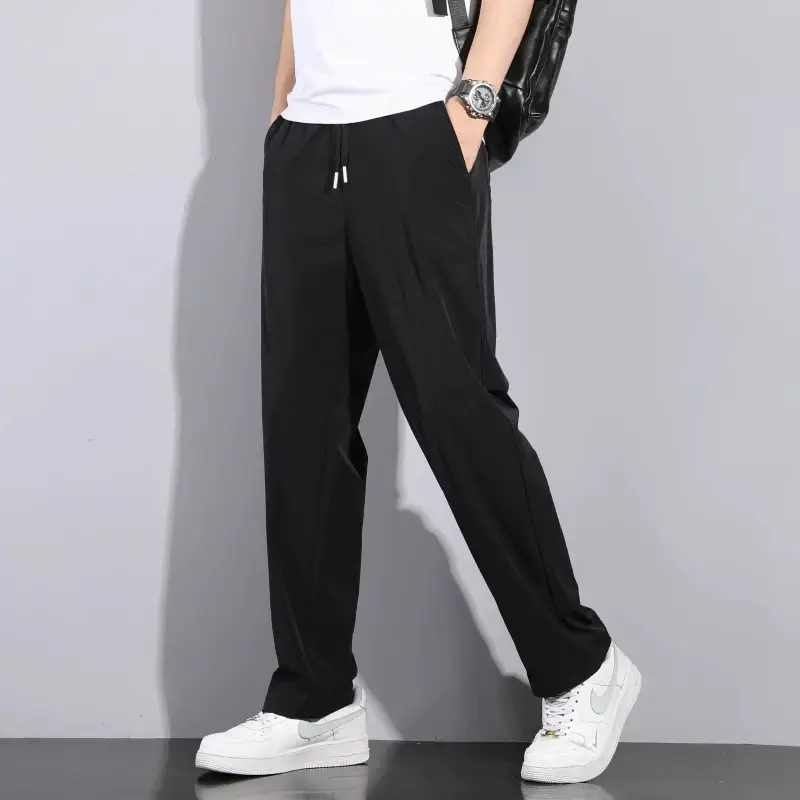 Men Ice Silk Loose Straight Pants Summer Casual Black — feature 32