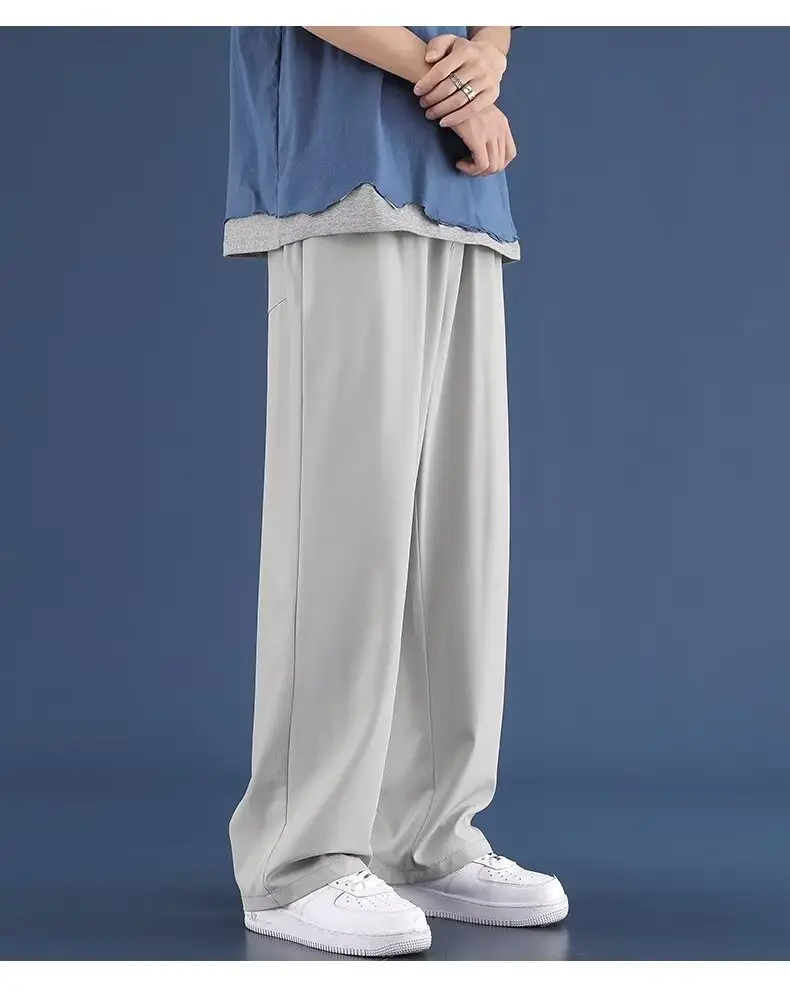 Men Ice Silk Loose Straight Pants Summer Casual Black